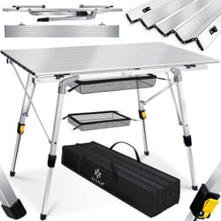 Table de camping pliante Table de camping avec cadre en aluminium Plateau de table enroulable Table pliante avec réglage de la hauteur, sac de