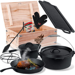 Kesser - Dutch Oven Set dans une caisse en bois avec Dutch Oven Avec beaucoup d'accessoires - fonte - déjà cuit avec casserole plaque de gril poêle