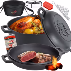 KESSER Cocotte 2 en 1, barbecue en fonte avec tisonnier résistant à la chaleur, couvercle avec anse, capacité de 4,8 L dans l ...