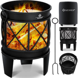 Kesser - Bol à feu avec couvercle Panier à feu avec pare-étincelles et poignées + tisonnier Foyer 58 x 45 cm pour jardin & terrasse Métal Noir