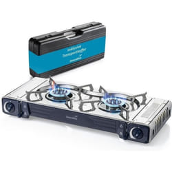 Réchaud à gaz Skandika Brann 2 feux - camping barbecue robuste - Acier - Réglable - Allumage Piezo - Mallette en plastique