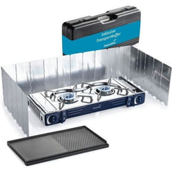 Réchaud à gaz Skandika Brann 2 feux - camping barbecue robuste acier réglable - Allumage Piezo - Mallette paravent Plaque plancha