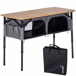 Table de camping avec placard - Skandika Tolja - Bambou - Pliable - Réglable en hauteur - 120 × 50 × 55/68/80 cm - Meuble de