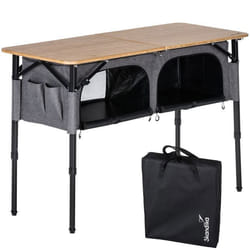 Table de camping avec placard - Skandika Tolja - Bambou - Pliable - Réglable en hauteur - 120 × 50 × 55/68/80 cm - Meuble de