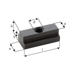 Ecrou pour rainures en t, modèle long, d x rainure en t : M10 x 12, Cote a 11,7 mm, Cote e 18 mm, Cote l : 36 mm, Cote h : 14 mm, Cote k : 7 mm