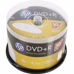 HP DRE00026WIP, DVD+R, 120 mm, Imprimable, Boîte à gâteaux, 50 pièce(s), 4,7 Go