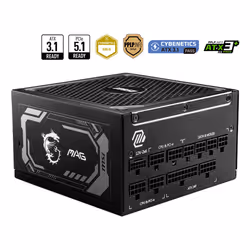 MSI MAG A1250GL PCIE5, 1250 W, 100 - 240 V, 50/60 Hz, Actif, 90%, Sur-courant, Sur-alimentation, Over total voltage, Surtensi ...