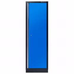 Ouverture de la porte réversible. Livrée avec 4 étagères. Fermeture à clé. Façade bleue, finition brillante. Caisson noir, fi ...