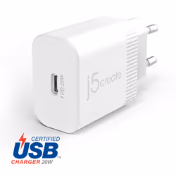 j5create JUP1420-EN Chargeur Mural USB-C® 20W - UE, Intérieure, Secteur, 12 V, 3 A, Blanc