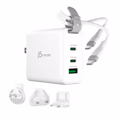 j5create Chargeur de voyage 65 W GaN USB-C 3 ports avec prises secteur interchangeables et câble USB-C, Intérieure, Secteur,  ...