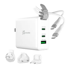 j5create Chargeur de voyage 65 W GaN USB-C 3 ports avec prises secteur interchangeables et câble USB-C