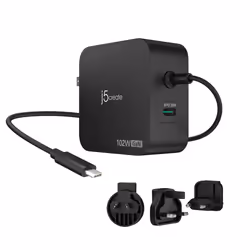 j5create Chargeur 102 W GaN PD USB-C 2 ports avec prises secteur interchangeables, Intérieure, Secteur, USB, 1,8 m, Noir