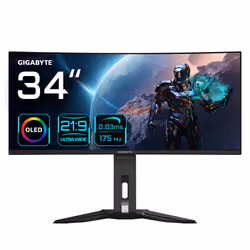 Gigabyte Moniteur de jeu courbé OLED WQHD MO34WQC 34” - 3440x1440(WQHD), 175Hz, 0.03ms, KVM, 250 cd/m2, FreeSync Premium Pro, ...
