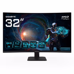 GIGABYTE GS32QCA 31,5" Moniteur Gaming Incurvé QHD - 2560 x 1440, 180Hz, 1ms, 250 cd/m², FreeSync, HDR Ready, HDMI 2.0, Displ ...