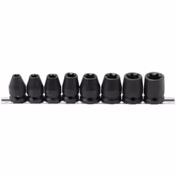 Jeu de 8 douilles à choc TORX type E. Carré d'entrainement 1/2 Acier chrome-molybdène. Dimensions : E10 - E12 - E14 - E16 - E ...