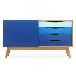 Buffet 4 Tiroirs & 1 Porte Avon 128cm Chêne & Bleu Foncé
