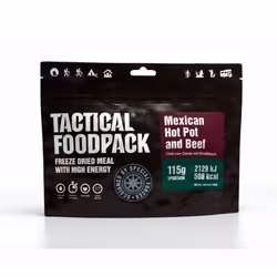 Tactical Foodpack Mexican Hot Pot and Beef, Chili, Bœuf, Carotte, Riz, Tomate, chaud, Bœuf, 115 g, Riz, bœuf (15%), tomates c ...