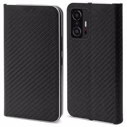 Étui portefeuille - Moozy - Xiaomi 11T/11T Pro - Carbone - Rabat - Protection métallique