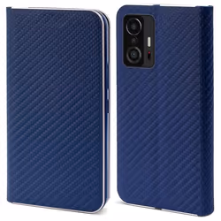 Étui portefeuille - MOOZY - Xiaomi 11T et 11T Pro - Bleu foncé Carbone - Coque semi-rigide - Rabat avec aimant