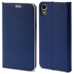 Étui portefeuille - MOOZY - iPhone XR - Bleu foncé Carbone - Coque semi-rigide - Fermeture rabat
