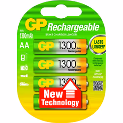 GP Batteries AA, Batterie rechargeable, AA, Hybrides nickel-métal (NiMH), 1,2 V, 4 pièce(s), 1300 mAh