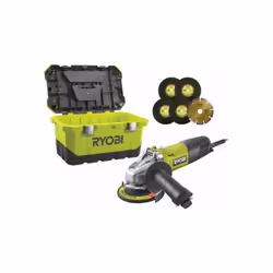 Présentation : Cette meuleuse d'angle RYOBI et ses accessoires : son 1 disque diamant , ses 5 disques à ébarber et son toolbo ...