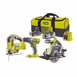 Ryobi R18DDJSCSP-242S, Scies circulaires sans fil, Cordless jigsaw, Tournevis sans fil, Gris, Vert clair, 40 N·m, 4 Ah, 18 V, ...