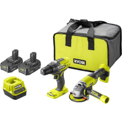 PACK RYOBI 2 OUTILS: 1 Perceuse-Visseuse R18DD3-0 + 1 Meuleuse d'Angle 115 mm R18AG-0 + 2 Batteries 2,0 Ah + 1 Chargeur Rapide 2,0 A + Livré en Sac