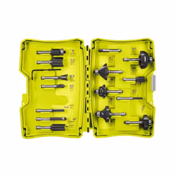 Description générale Coffret de 15 fraises panachées RYOBI avec une queue de diamètre 6 mm, idéal pour le fraisage dans des m ...
