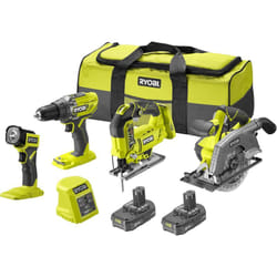 Ryobi - pack 4 outils : Perceuse-visseuse à percussion 2 vitesses 18V one+ (R18PD3-0) - Scie sauteuse pendulaire 18 v one+ (R18JS-0) - Scie
