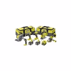 Description générale Kit de 6 outils 18V ONE+ Ryobi comprenant une perceuse sans fil, une clé à chocs sans fil, une scie saut ...