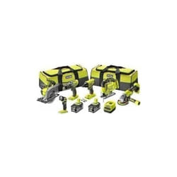 Ryobi - Pack 6 Outils - Perceuse à Percussion + Visseuse à Chocs + Meuleuse 115mm + Scie Sauteuse + Scie Circulaire + Lampe Torche - 2 Batteries