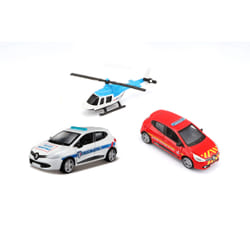 BBURAGO 1/64 - Pack de 3 véhicules - Hélicoptère + Voiture Pompier + Voiture Police
