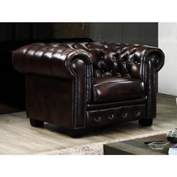Fauteuil chesterfield BRENTON - VENTE-UNIQUE - 100% cuir de buffle - Chocolat reflets châtains
