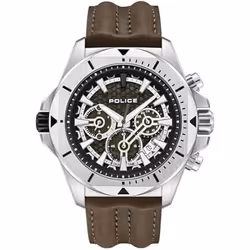 Montre - POLICE - Électrique - Cadran vert kaki - Bracelet cuir marron - Boîtier acier inoxydable
