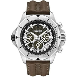 Montre - POLICE - Électrique - Cadran vert kaki - Bracelet cuir marron - Boîtier acier inoxydable