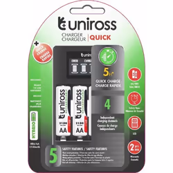 Chargeur de piles - UNIROSS - Chargeur LCD RAPIDE - 4 Piles AA 2100 HYBRIO Inclus - Rechargeable - Intérieur