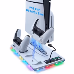 Tolesum Support pour PS5 ProSlim Ventilateur de Refroidissement à 3 VitessesChargeur Manette avec Indicateur RVBStation de Re ...
