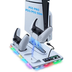 Tolesum Support pour PS5 ProSlim Ventilateur de Refroidissement à 3 VitessesChargeur Manette avec Indicateur RVBStation de Rec