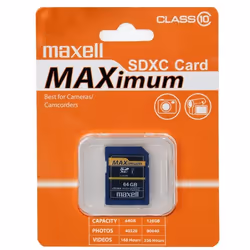 Maxell Maximum SDXC, 64GB, 64 Go, SDXC, Classe 10, 10 Mo/s, Bleu