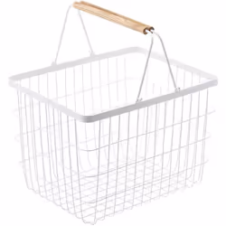 Yamazaki - Panier à linge métal blanc avec anses en bois H38.5cm - Blanc