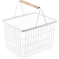Yamazaki - Panier à linge métal blanc avec anses en bois H38.5cm - Blanc
