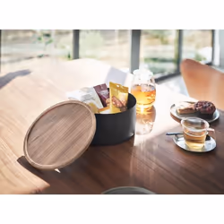 Yamazaki 5802 Boîte de rangement Rond Acier, Bois Noir, Bois