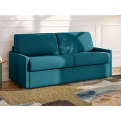 Canapé 3 places convertible express en tissu bleu turquoise - Couchage 140 cm - Matelas 22 cm avec mémoire de forme CALIFE