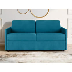 Canapé 3 places convertible express en tissu bleu turquoise - Couchage à lattes larges 140 cm - Matelas 14 cm CALIFE
