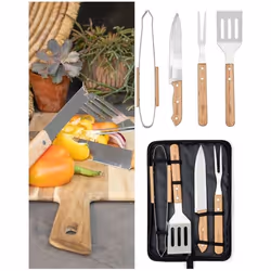 Ustensiles à Plancha Barbecue - Inox - Set de 4 - Sacoche en coton - Poignées en bois d’hévéa - Résistants