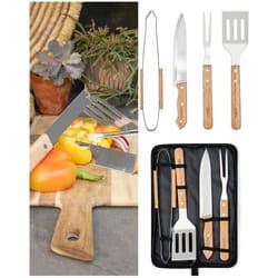 Ustensiles à Plancha Barbecue - Inox - Set de 4 - Sacoche en coton - Poignées en bois d’hévéa - Résistants