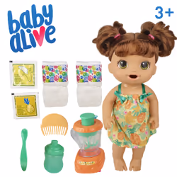 Baby Alive Bébé et son mélangeur magique, boit, mange et fait pipi, dessert fruits exotiques et mixeur, à partir de 3 ans
