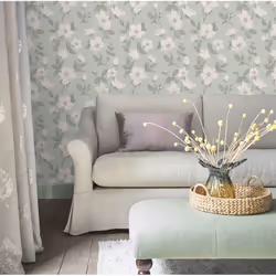 Décorez vos murs avec ce papier peint bucolique et charmant, avec son motif de fleurs délicates sur fond vert très doux. Cara ...