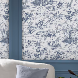 Décorez vos murs avec ce papier peint au motif bucolique de figurines et paysages en bleu sur fond uni. Caractéristiques du P ...